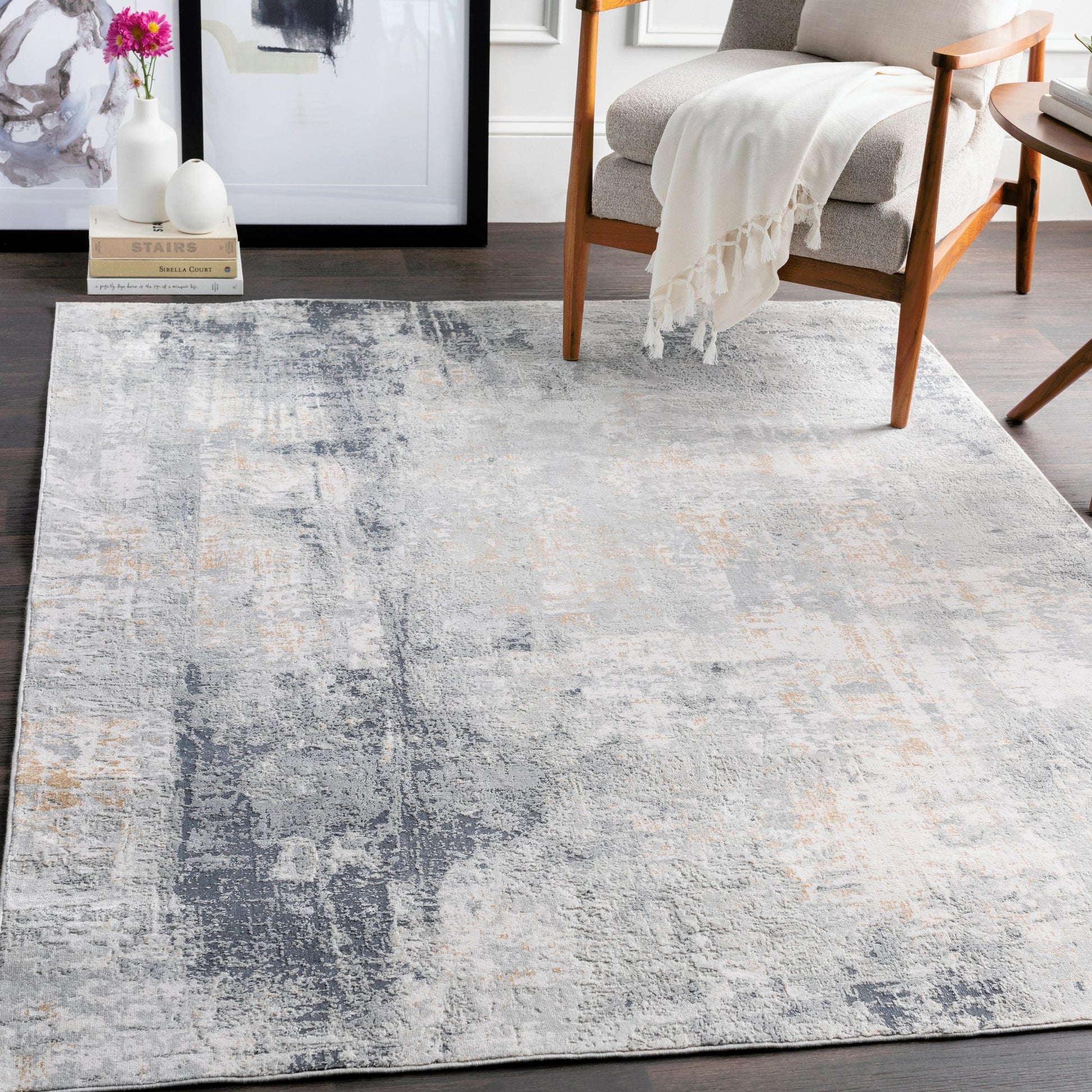 Milano Rug - 23249 by Livabliss in light gray, slate, mustard, off-white, charcoal, gray. Made from 60% viscose, 40% polyester in a unique style.