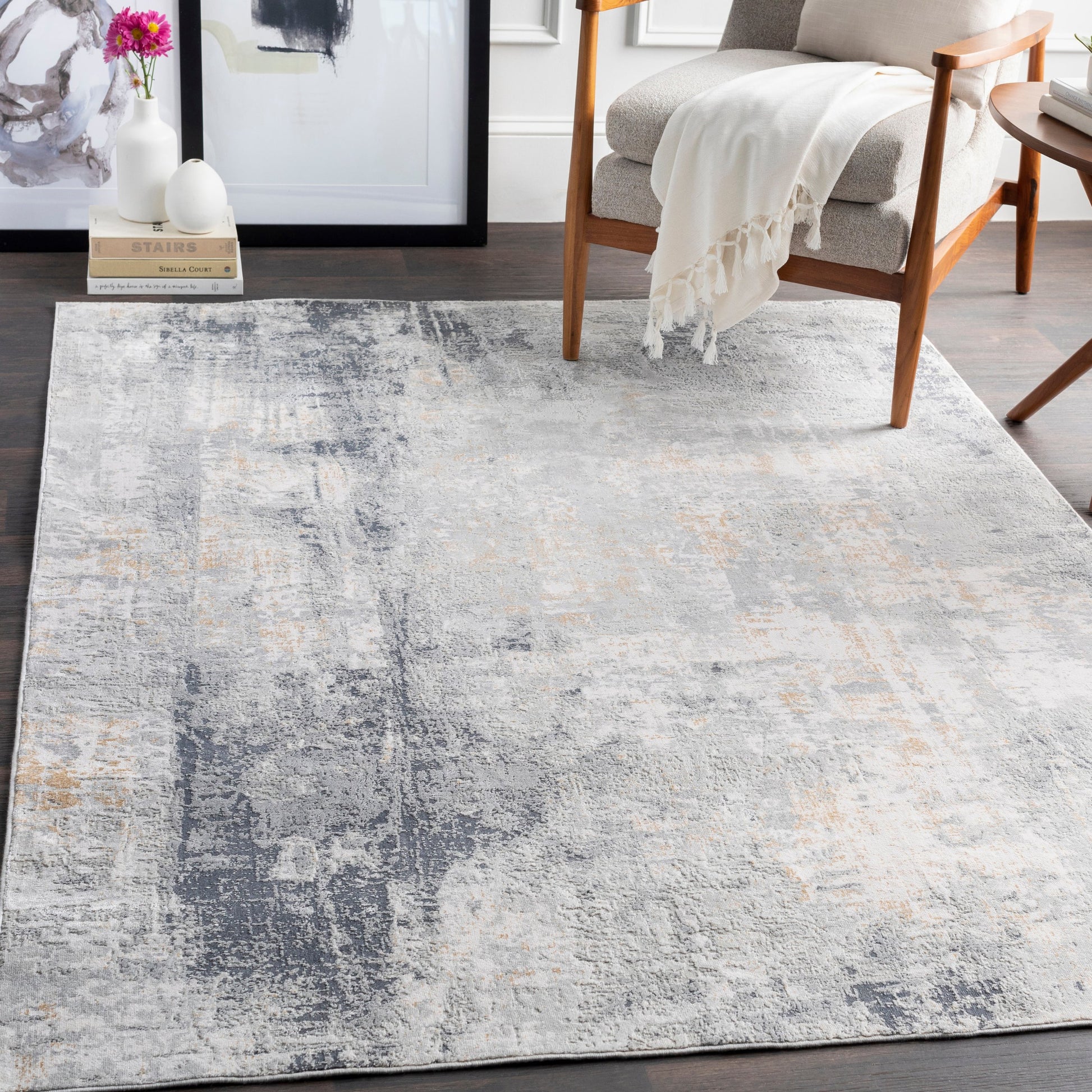 Milano Rug - 23249 by Livabliss in light gray, slate, mustard, off-white, charcoal, gray. Made from 60% viscose, 40% polyester in a unique style.