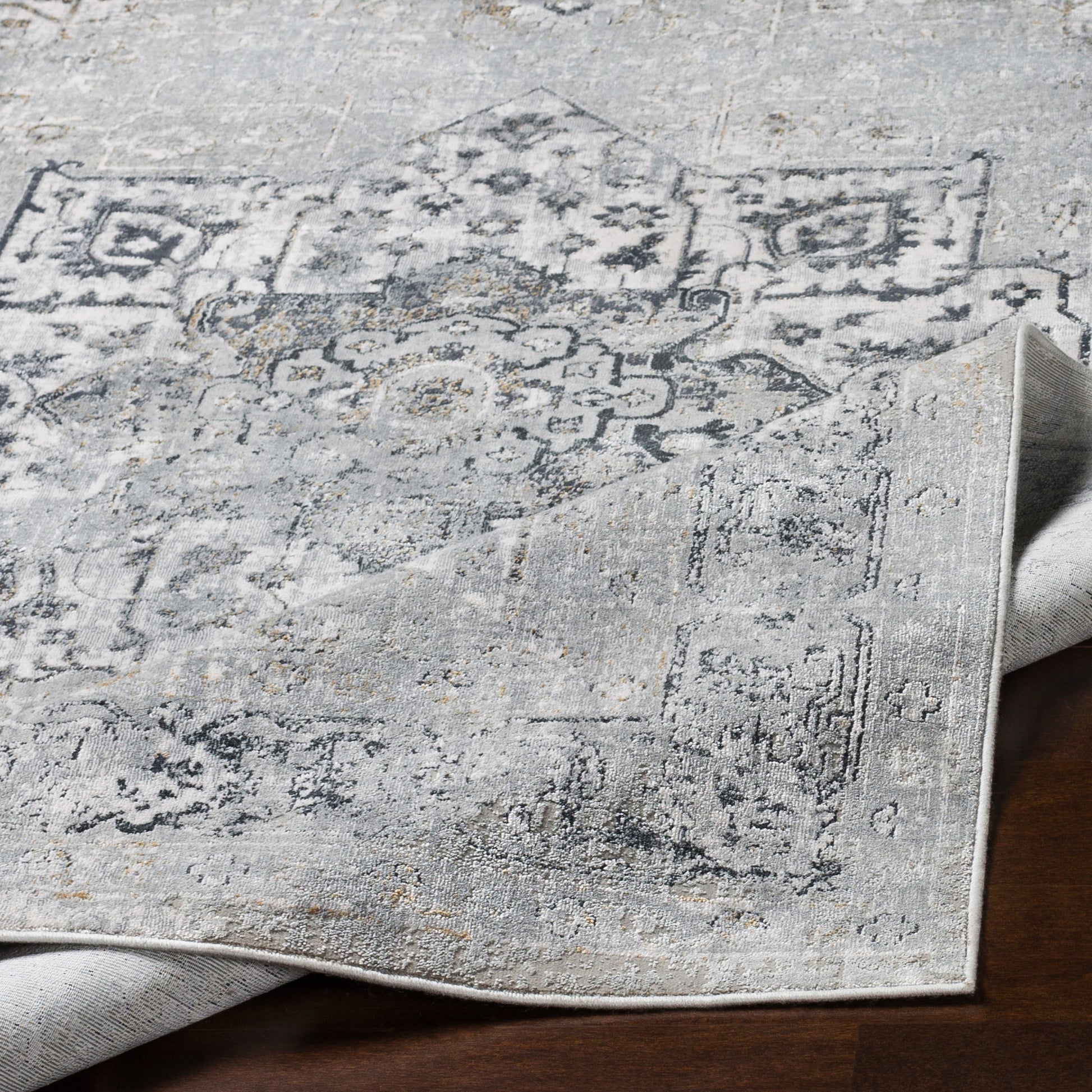 Milano Rug - 23250 by Livabliss in light gray, gray, off-white, mustard, charcoal. Made from 60% viscose, 40% polyester in a unique style.