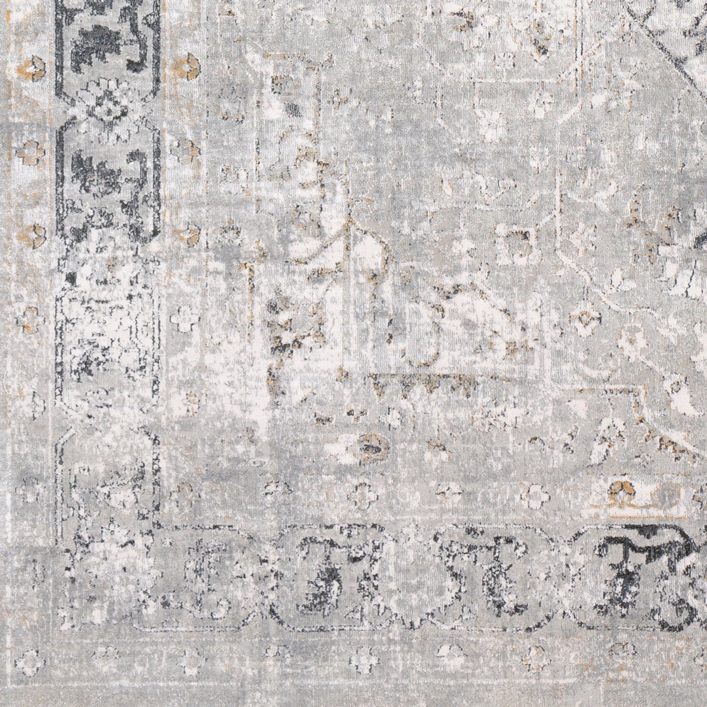 006 102336-43540 | Closeup | Milano Rug - 23250 by Livabliss in light gray, gray, off-white, mustard, charcoal. Made from 60% viscose, 40% polyester in a unique style.