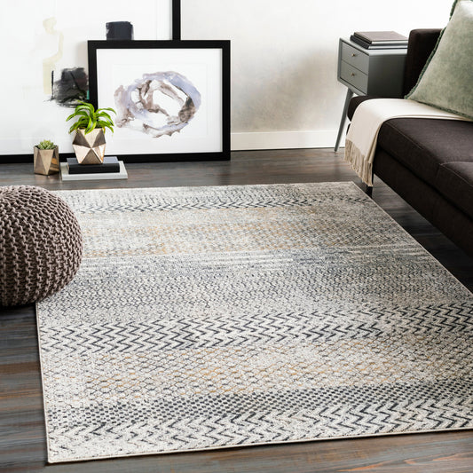 Milano Rug - 23736 by Livabliss in light gray, charcoal, gray, mustard, off-white. Made from 60% viscose, 40% polyester in a unique style.