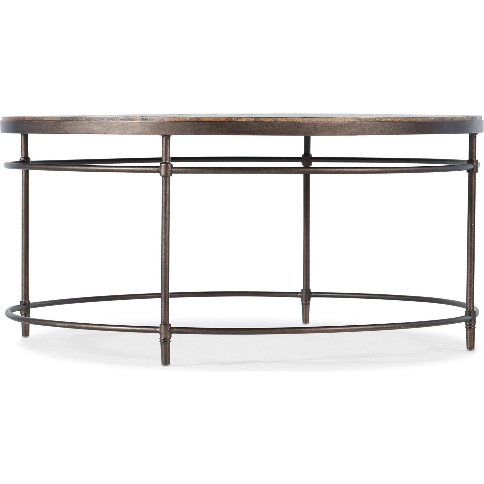 St. Armand Round Cocktail Table by Hooker Furniture in natural, antique bronze. Made from acacia solids, metal in a modern style.