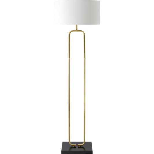 Molto - 528932 by Surya in body: metallic - brass, base: black, shade: white, finial: metallic - brass, harp: metallic - brass, cord: translucent and plated. Made from body: metal, shade (outside): linen, finial: metal in a 