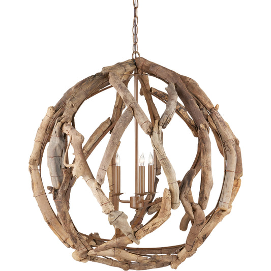 Driftwood Orb Chandelier by Currey and Company. Made from iron, driftwood in a coastal style.