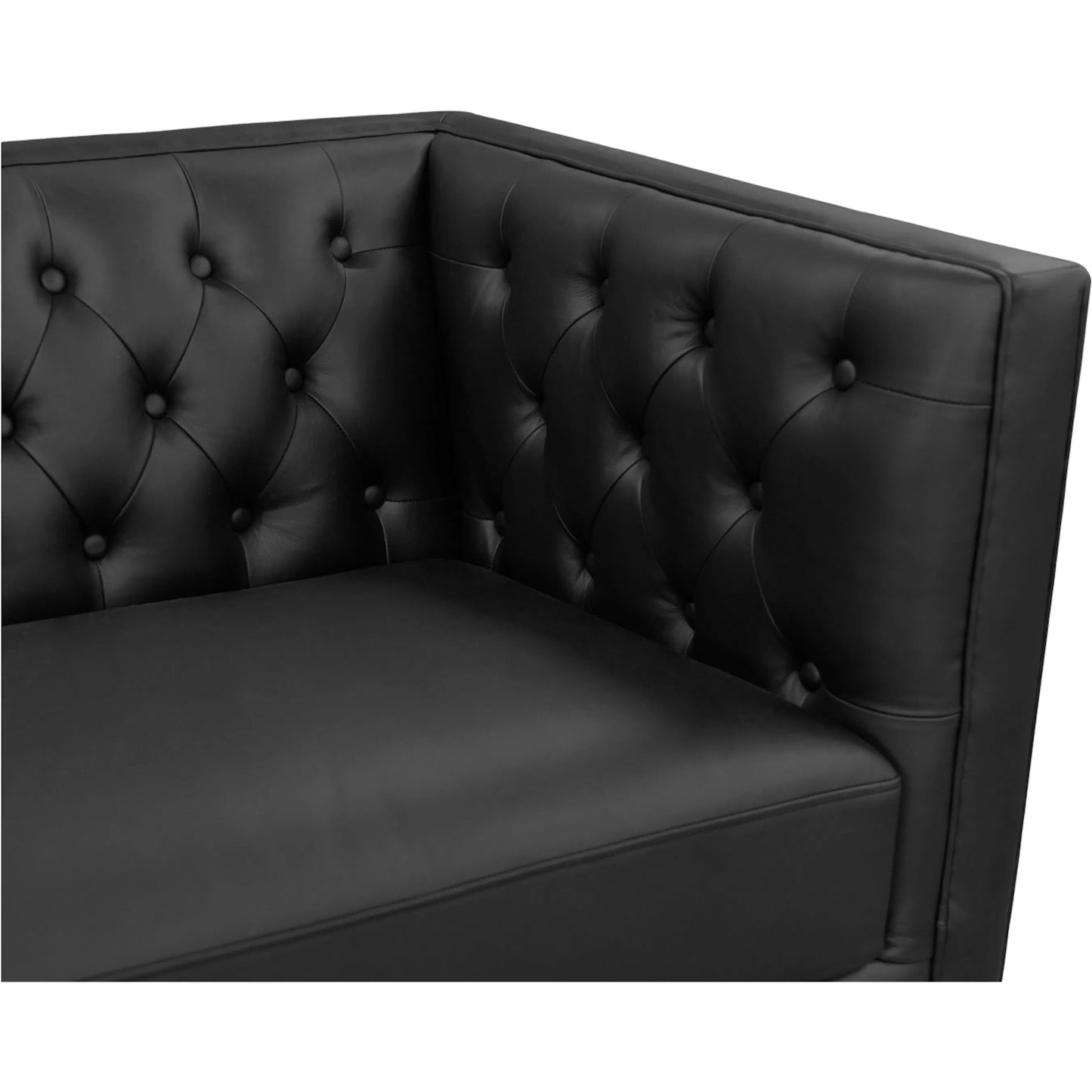 013 SI-2368043 | Closeup | Fielder Sofa by Moe's Home Collection in black leather. Made from upholstery: 100% top grain leather, rubber wood, plywood frame, foam, fiber seat in a transitional style.