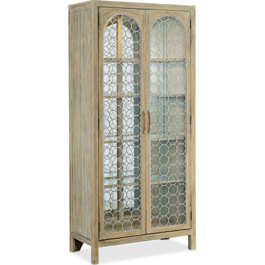 Surfrider Display Cabinet by Hooker Furniture in driftwood. Made from pecan veneers, puck light, metal, tempered glass, rope in a coastal style.