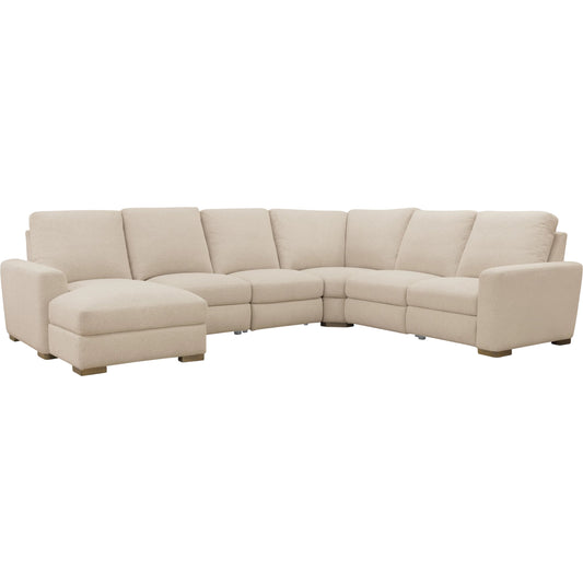 Optimus Five-Seat Sectional by Hooker Furniture in beige and dark wood. Made from fabric, matera pearl (performance), fabric contents: 100% polyester, cleaning code: ws (clean water-based stains, water-based cleaning agent, 