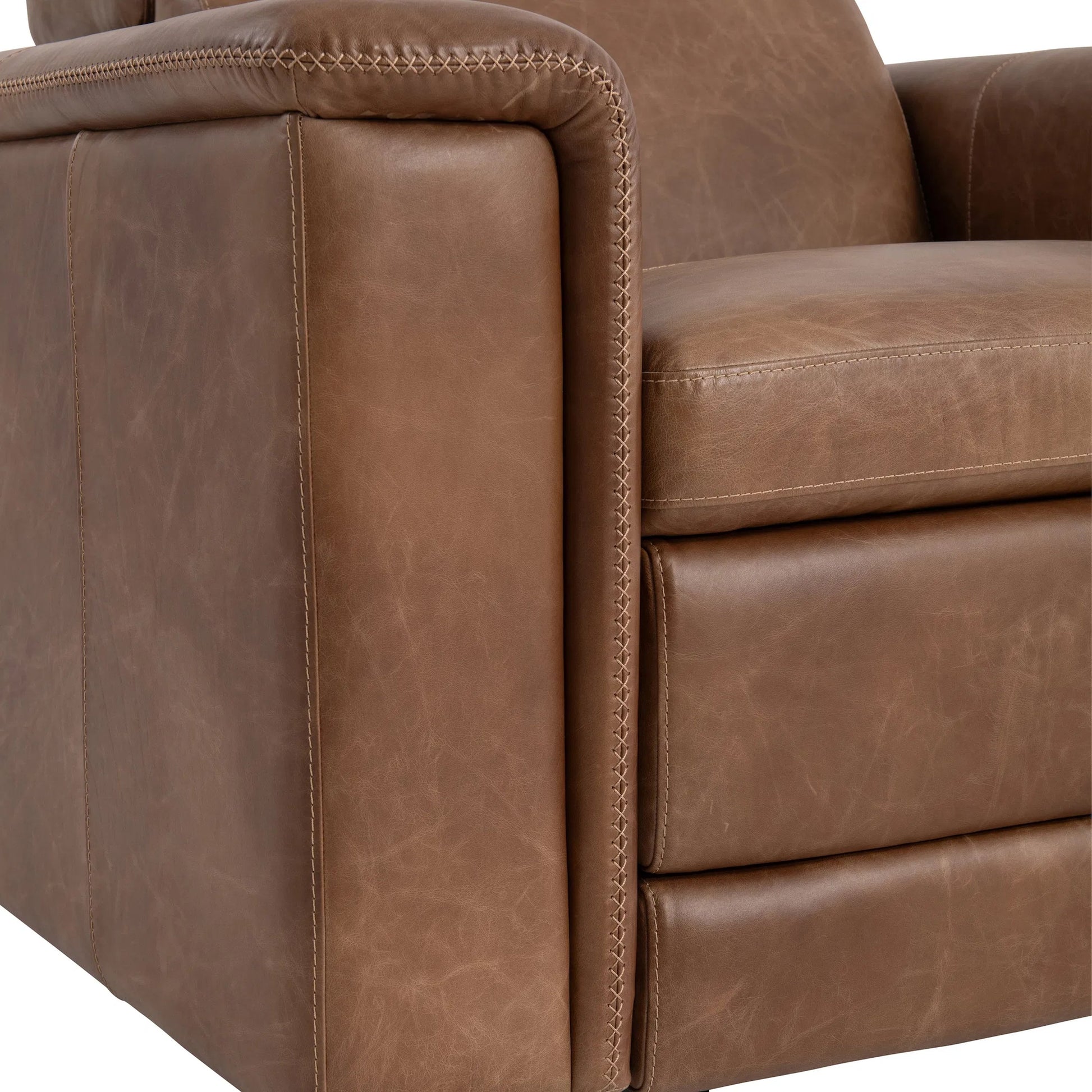 Lioni Leather Power Motion Chair by Bernhardt in brown. Made from leather in a traditional style.