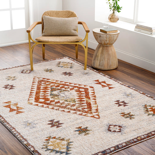 Monet Rug - 489586 by Livabliss in cream, light beige, orange, light gray, saffron, dark blue. Made from face: 100% polyester, warp: 100% jute in a unique style.