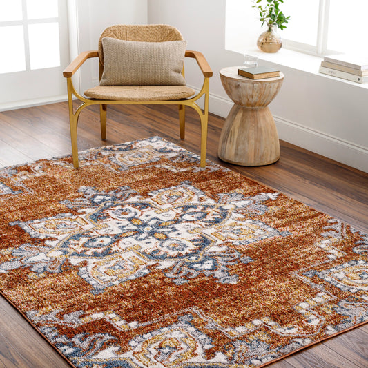 Monet Rug - 489598 by Livabliss in burnt orange, cream, orange, light beige, dark blue, light gray. Made from face: 100% polyester, warp: 100% jute in a unique style.