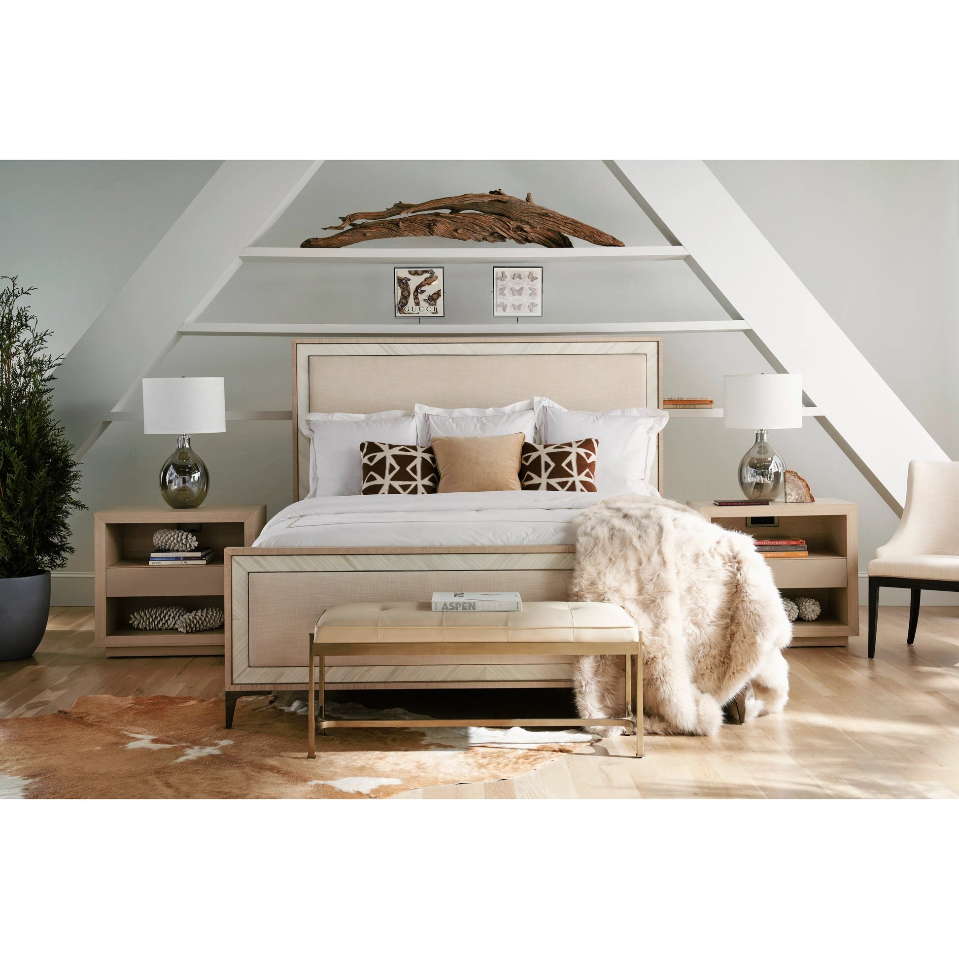 Water Tideline Bone & Linen King Upholstered Bed by Jonathan Charles in dyed koto. Made from dyed koto veneer, faux bone, metal, foam, fabric in a modern style.