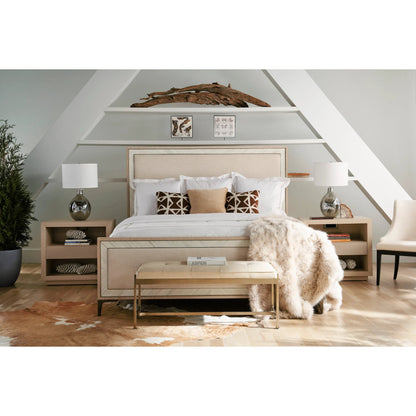 Water Tideline Bone & Linen King Upholstered Bed by Jonathan Charles in dyed koto. Made from dyed koto veneer, faux bone, metal, foam, fabric in a modern style.
