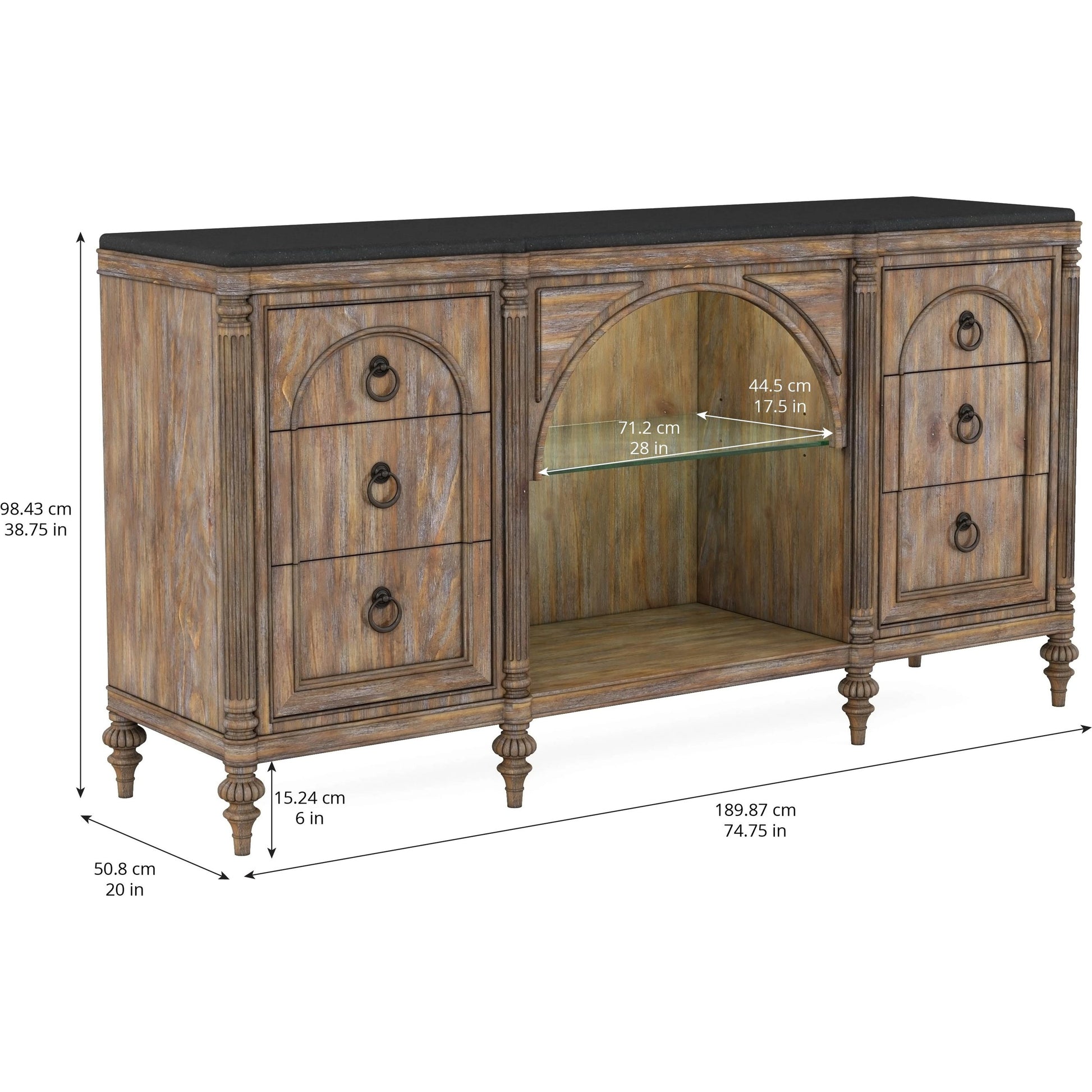 Architrave Server by A.R.T. Furniture in almond. Made from pine solids and veneer, glass, granite, metal in a traditional style.