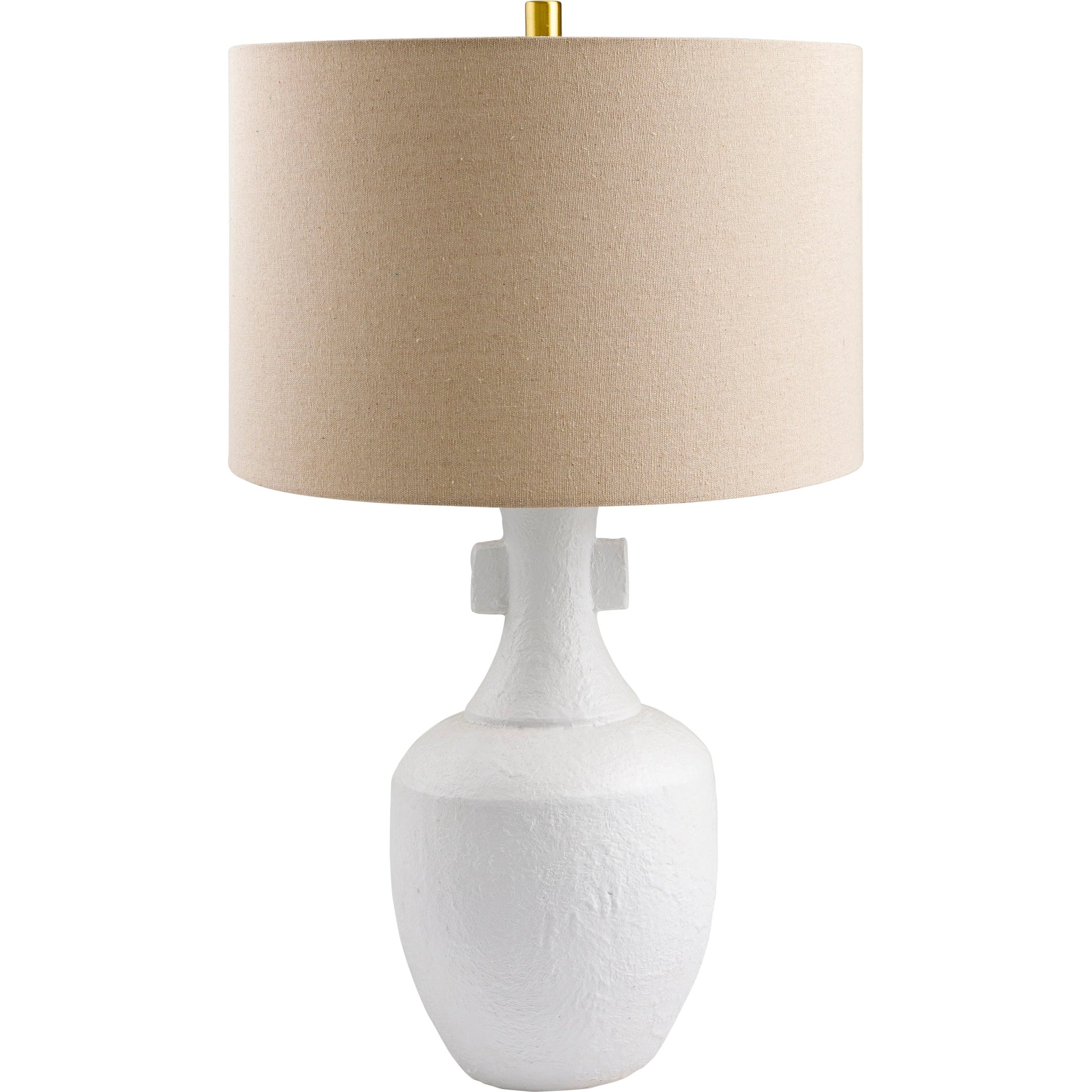 Mauna - 500118 by Surya in metallic brass, white, wheat, translucent and colored, polished. Made from body: ceramic, shade (outside): linen, shade (inside): polyester, finial: metal in a modern style.