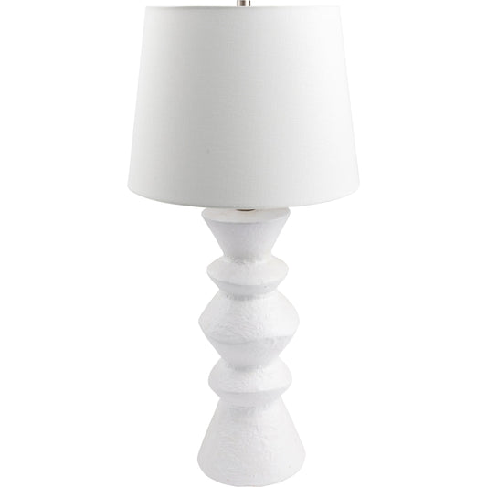 Mauna - 500109 by Surya in body: white, shade: beige, finial: metallic - brass, harp: metallic - brass, cord: translucent and colored, polished. Made from body: ceramic, shade (outside): linen, shade (inside): polyester, 