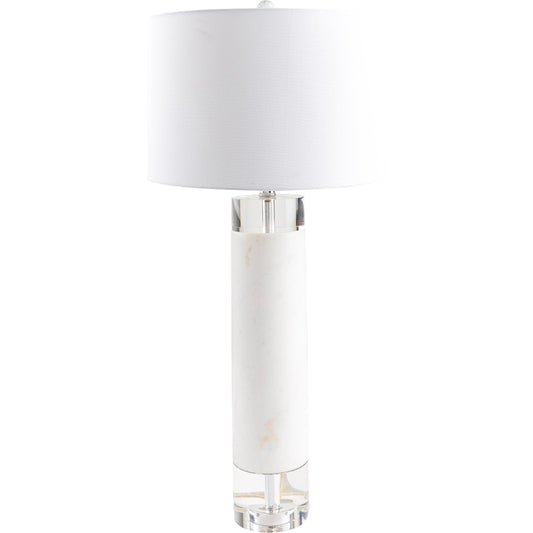 Monarch - 499003 by Surya in body: white, clear, base: clear, shade: white, finial: clear, harp: metallic - nickel, cord: translucent and translucent. Made from body: marble, crystal, base: crystal, shade (outside): linen