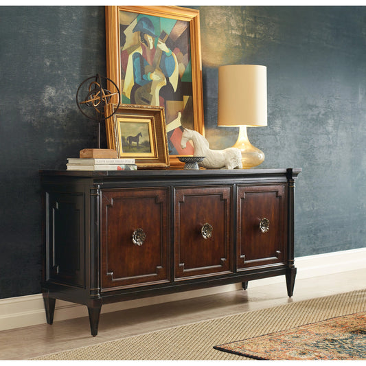 Charleston Entertainment Console by Hooker Furniture in black cherry. Made from cherry, walnut veneers with walnut inlay, solid-wood edge top in a traditional style.