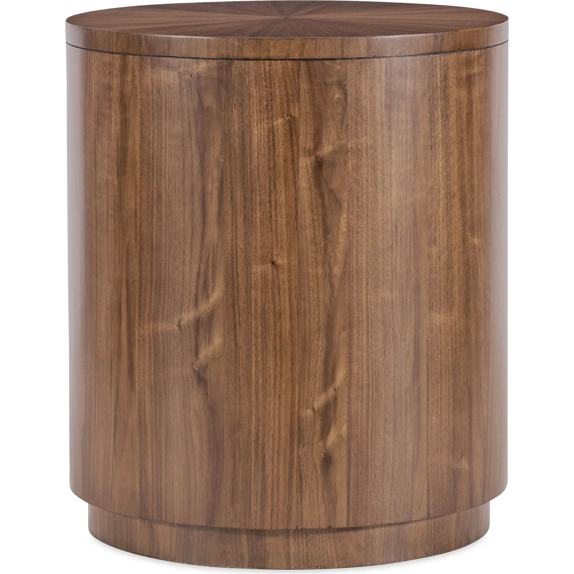 Eleana Round Nightstand by Hooker Furniture in light caramel, quartered walnut veneers, sunlit bronze metal. Made from walnut veneers in a modern style.
