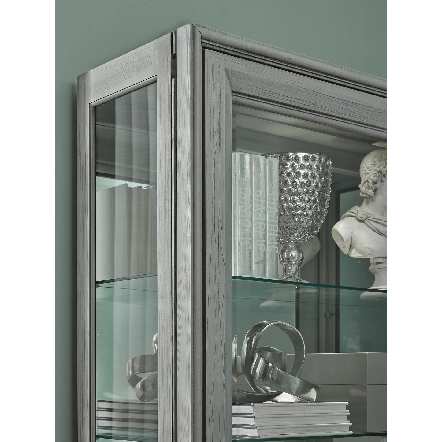 006 SI-2449334 | Closeup | Traditional Sliding Door Curio by Pulaski Furniture in gray. Made from birch wood in a modern style.