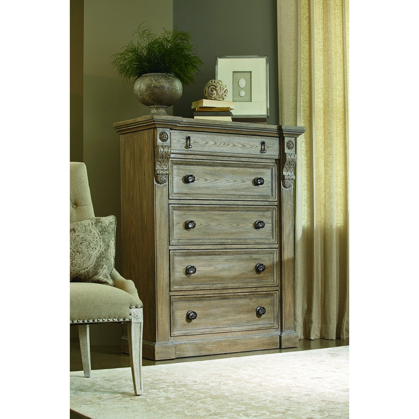 005 SR-881756 | Lifestyle | Arch Salvage Jackson Drawer Chest by A.R.T. Furniture in brown and parch. Made from parrawood solids, cathedral elm veneers in a traditional style.