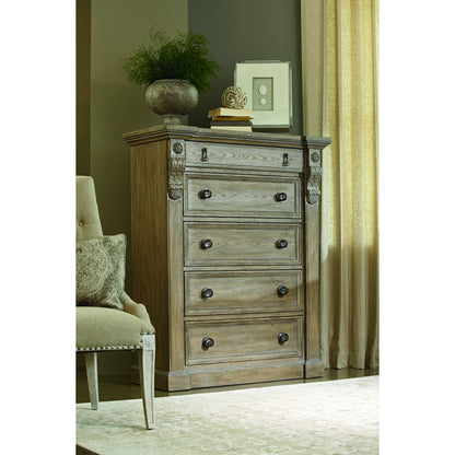Arch Salvage Jackson Drawer Chest by A.R.T. Furniture in brown and parch. Made from parrawood solids, cathedral elm veneers in a traditional style.