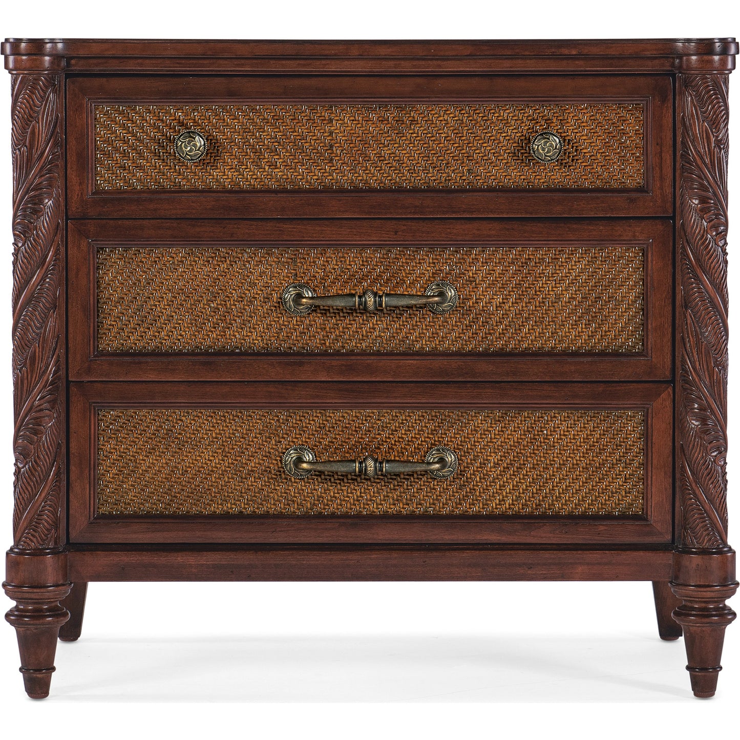 002 SI-2029043 | Additional Silo | Charleston 36" Three-Drawer Nightstand by Hooker Furniture in maraschino cherry. Made from cherry, walnut veneers, walnut inlay, cane, solid-wood edge top in a traditional style.