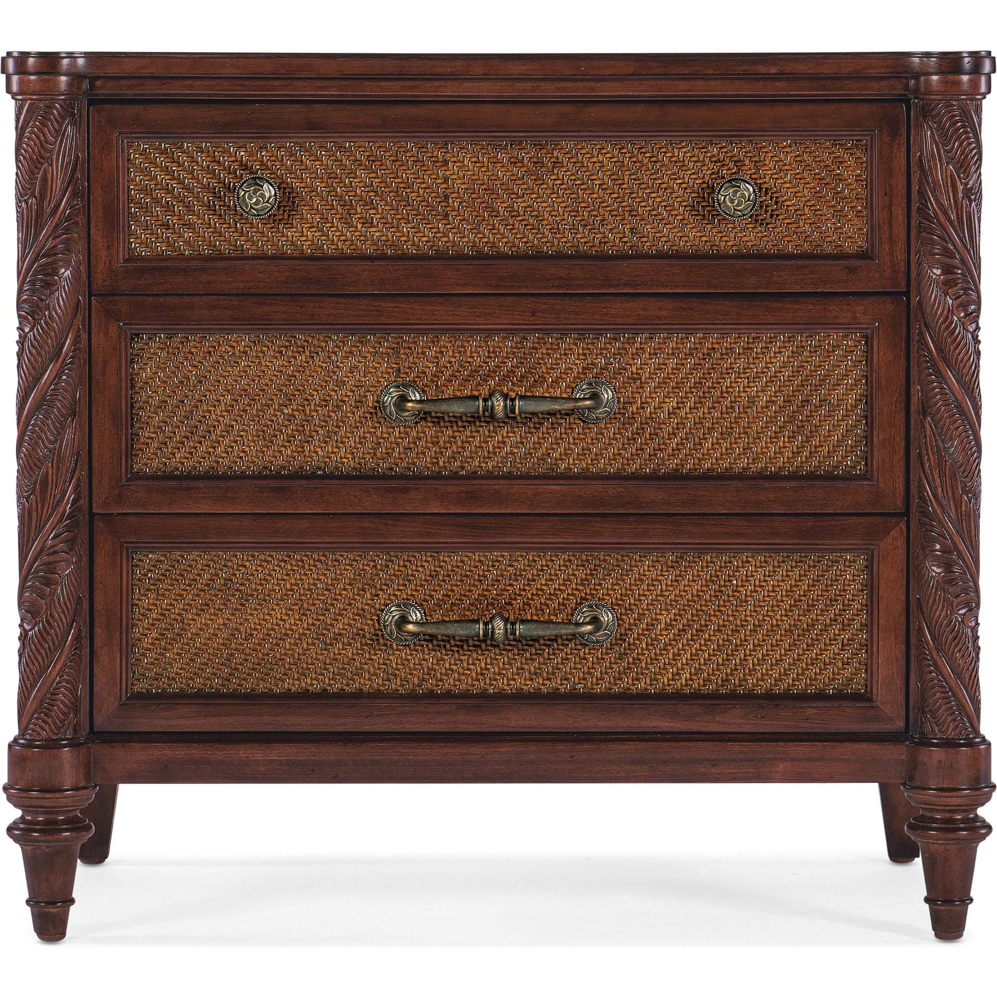 Charleston 36" Three-Drawer Nightstand by Hooker Furniture in maraschino cherry. Made from cherry, walnut veneers, walnut inlay, cane, solid-wood edge top in a traditional style.