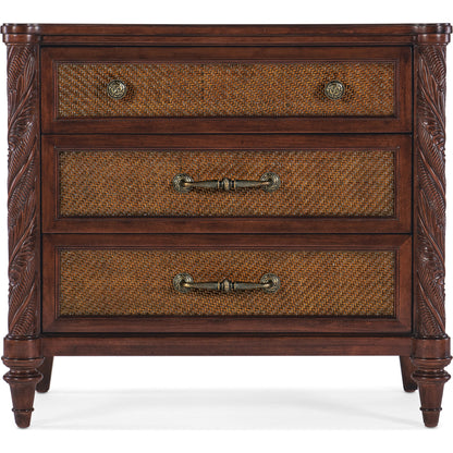 Charleston 36" Three-Drawer Nightstand by Hooker Furniture in maraschino cherry. Made from cherry, walnut veneers, walnut inlay, cane, solid-wood edge top in a traditional style.