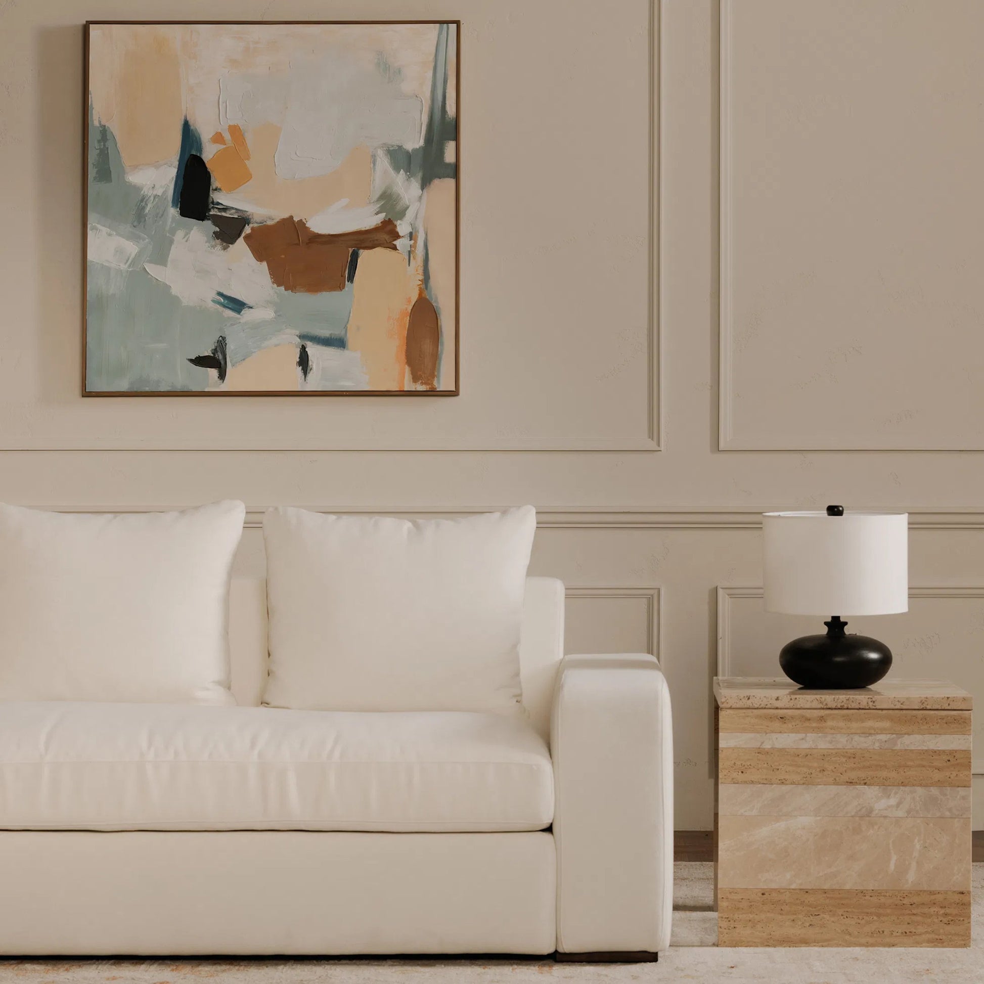 Thomas Sofa by Moe's Home Collection. Made from upholstery: 100% polyester, 70% feather, 30% fiber fill, solid wood, plywood frame in a unique style.