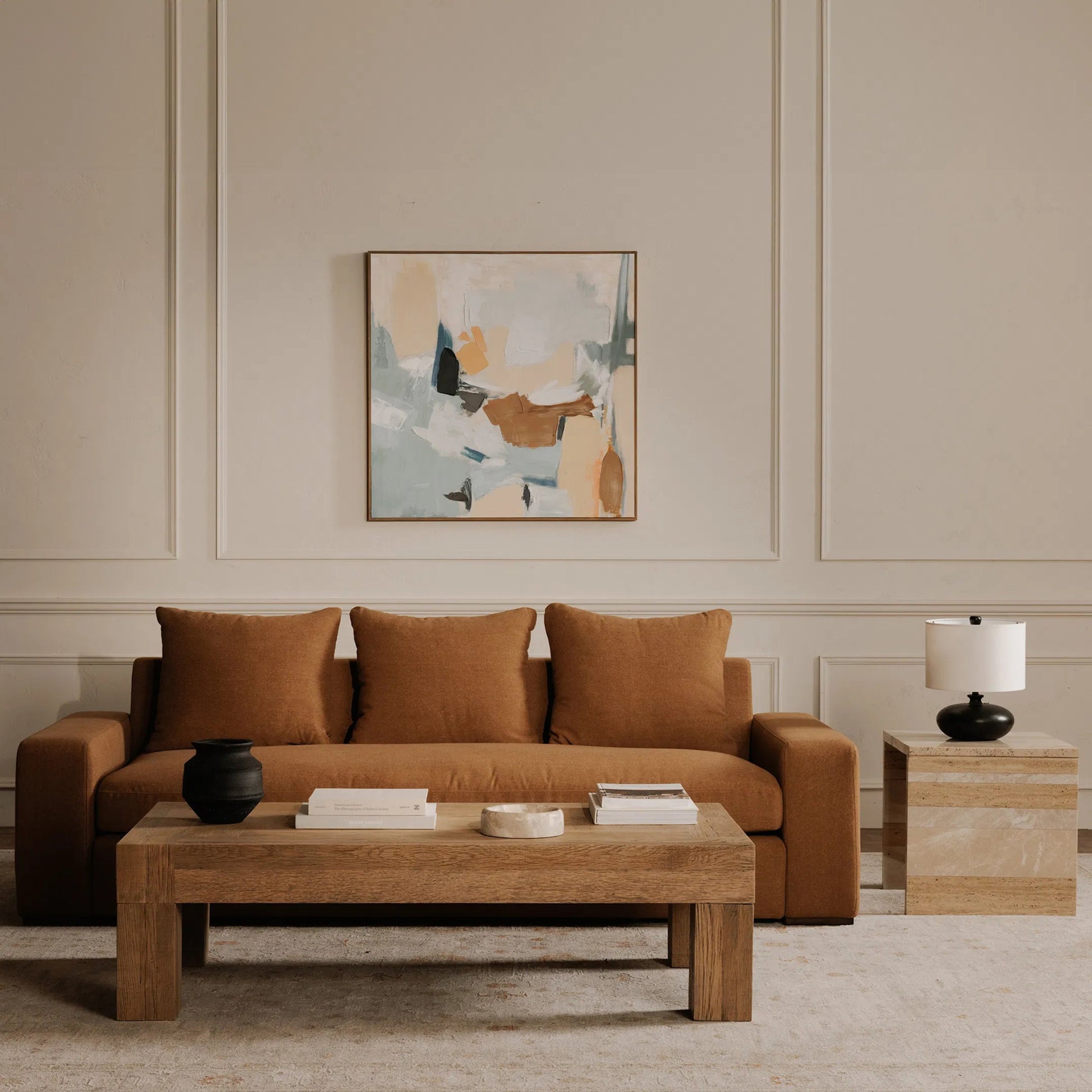 Thomas Sofa by Moe's Home Collection. Made from upholstery: 100% polyester, 70% feather, 30% fiber fill, solid wood, plywood frame in a unique style.