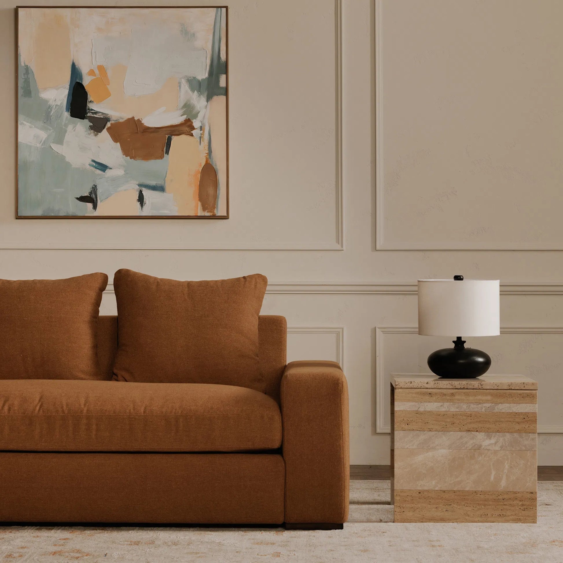 Thomas Sofa by Moe's Home Collection. Made from upholstery: 100% polyester, 70% feather, 30% fiber fill, solid wood, plywood frame in a unique style.