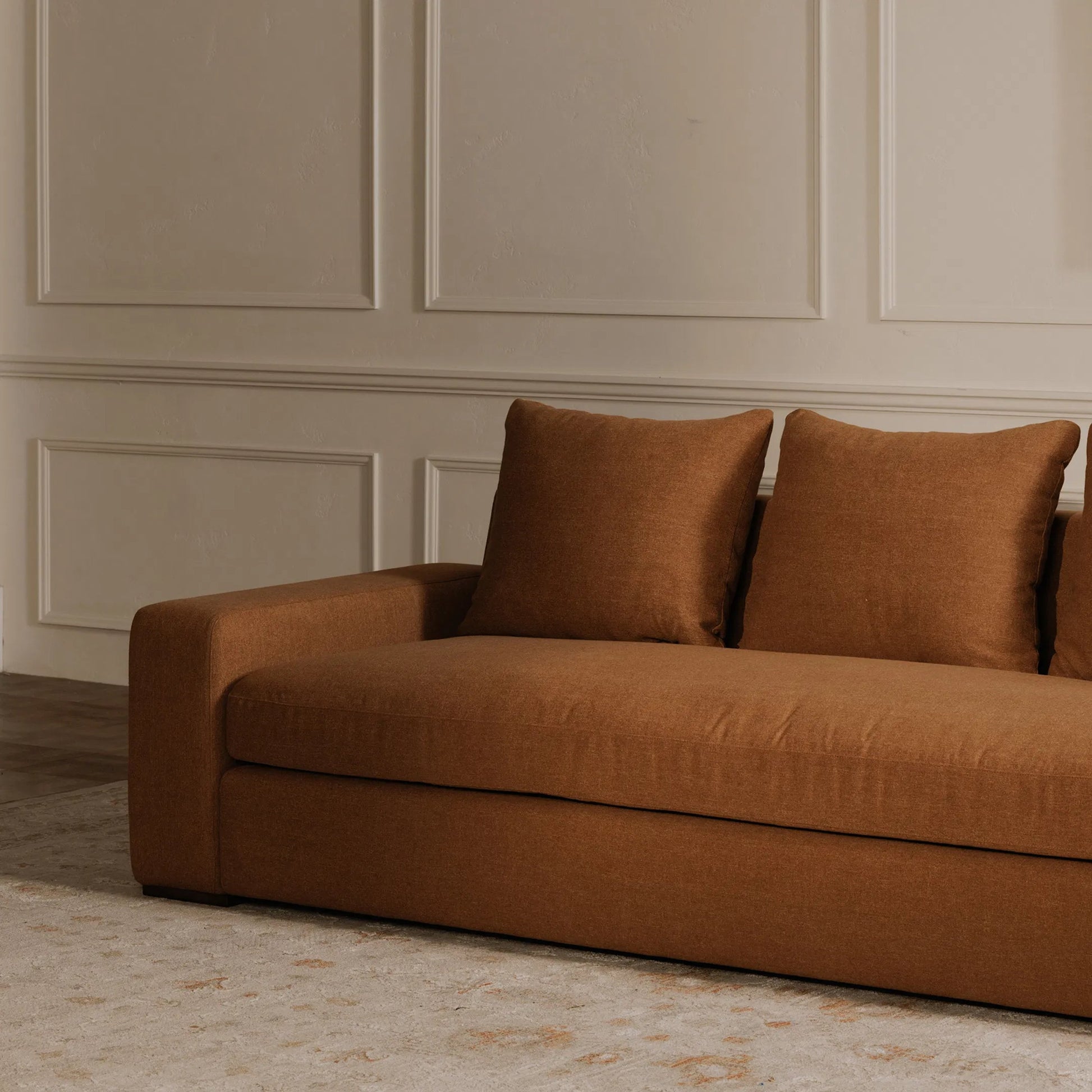 Thomas Sofa by Moe's Home Collection. Made from upholstery: 100% polyester, 70% feather, 30% fiber fill, solid wood, plywood frame in a unique style.