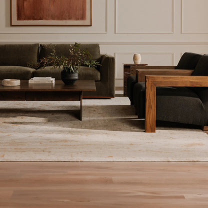 Rue Ottoman by Moe's Home Collection in flecked grey. Made from upholstery: 100% polyester, 70% feather, 30% fiber fill, solid wood, plywood frame in a transitional style.