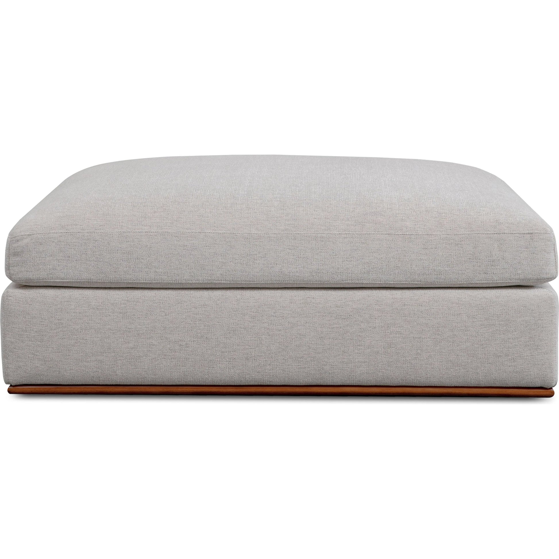 Rue Ottoman by Moe's Home Collection in flecked grey. Made from upholstery: 100% polyester, 70% feather, 30% fiber fill, solid wood, plywood frame in a transitional style.