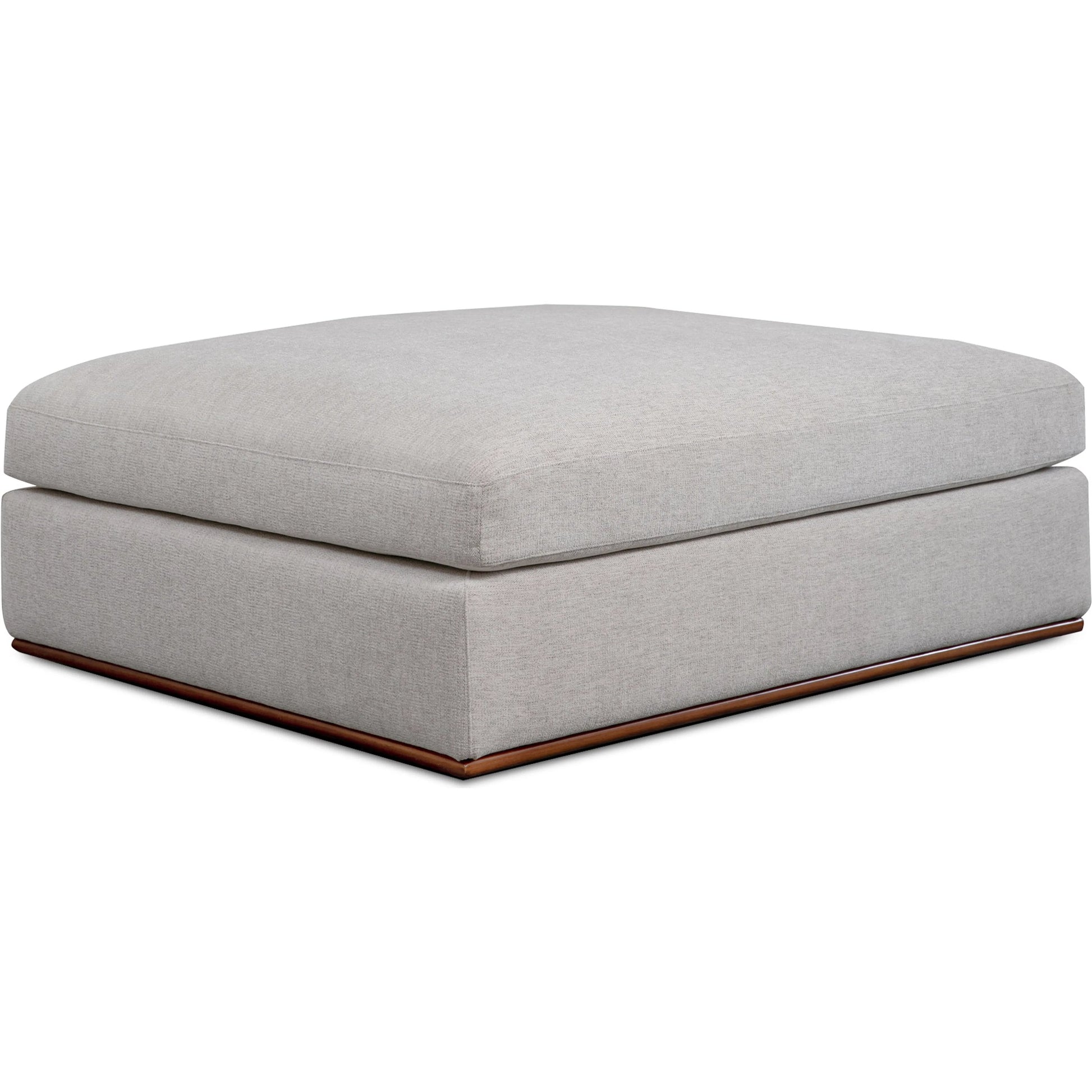 Rue Ottoman by Moe's Home Collection in flecked grey. Made from upholstery: 100% polyester, 70% feather, 30% fiber fill, solid wood, plywood frame in a transitional style.