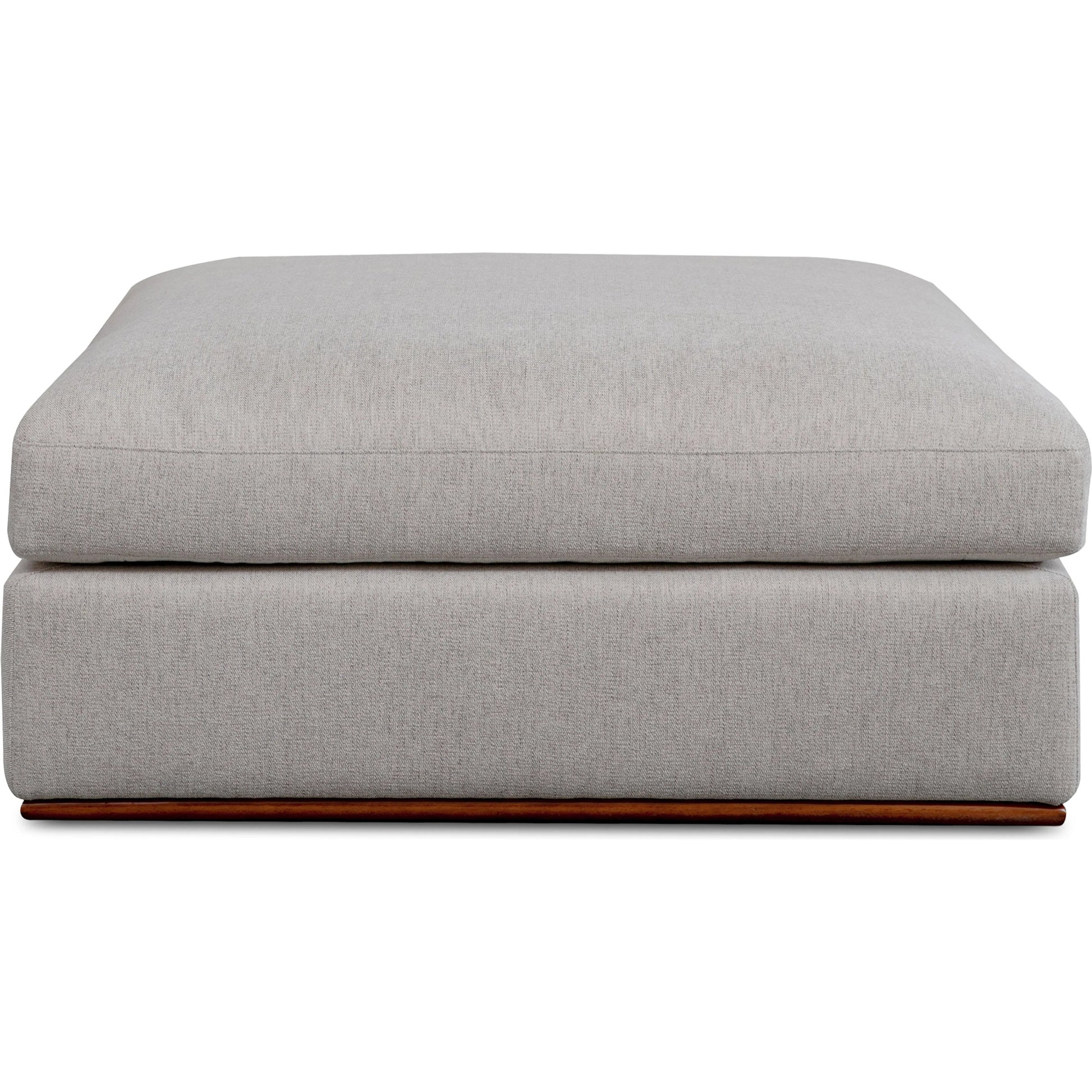 Rue Ottoman by Moe's Home Collection in flecked grey. Made from upholstery: 100% polyester, 70% feather, 30% fiber fill, solid wood, plywood frame in a transitional style.