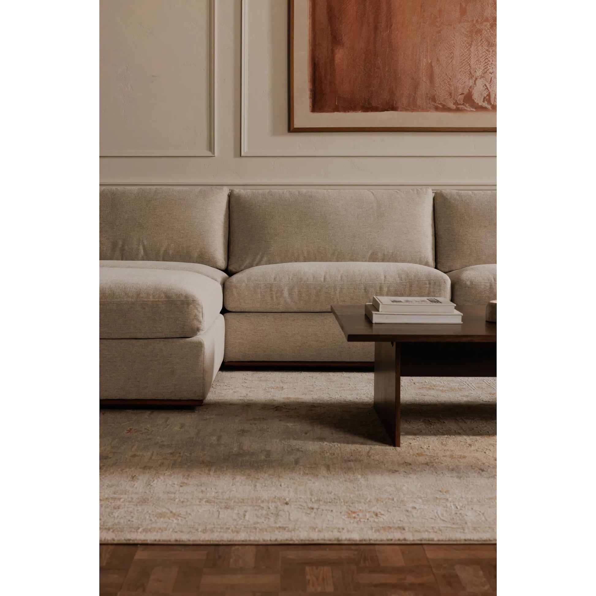 Rue Modular Sofa by Moe's Home Collection in dark green. Made from upholstery: 100% polyester, 70% feather, 30% fiber fill, solid wood, plywood frame in a transitional style.