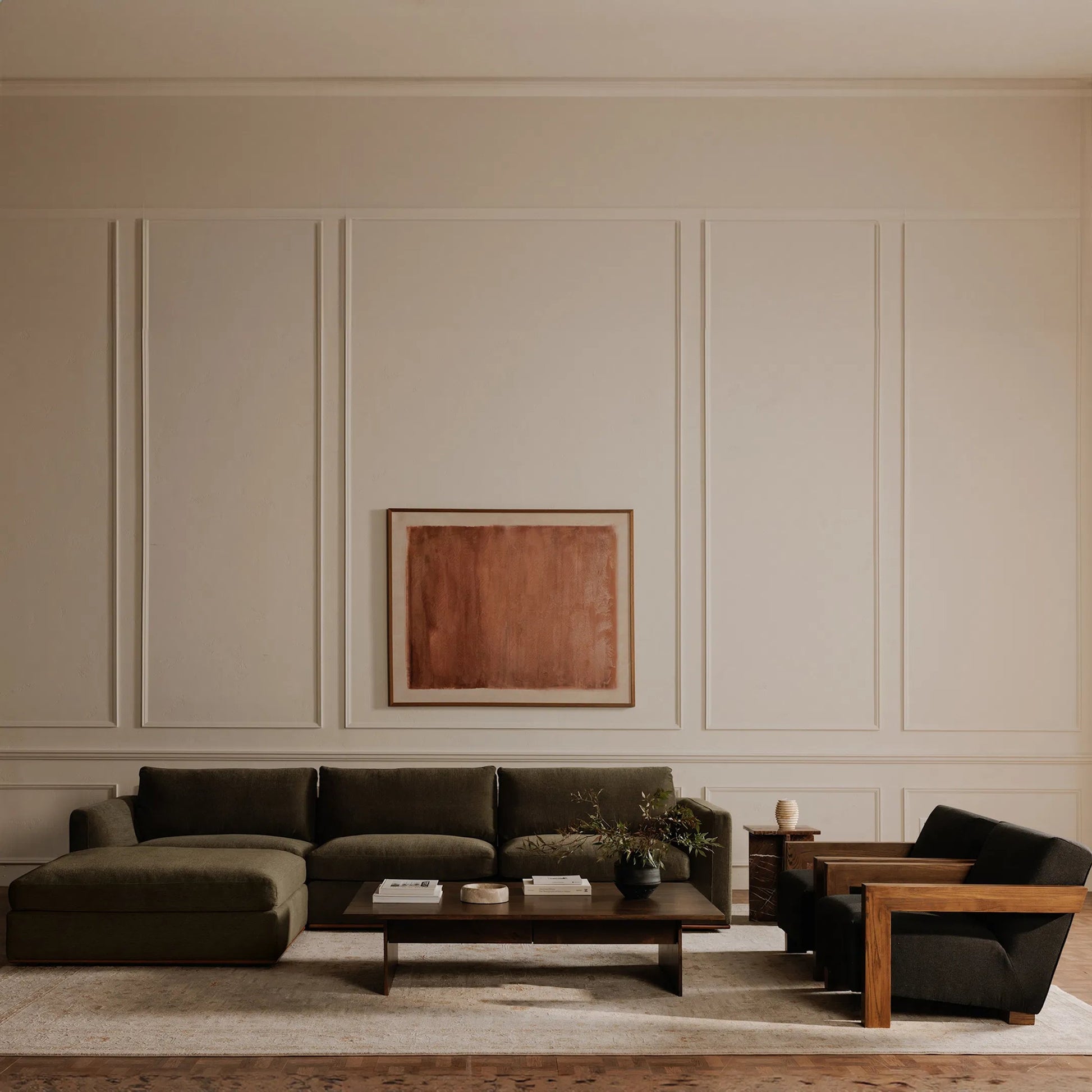 Rue Classic L Modular Sectional by Moe's Home Collection in dark green. Made from upholstery: 100% polyester, 70% feather, 30% fiber fill, solid wood, plywood frame in a transitional style.