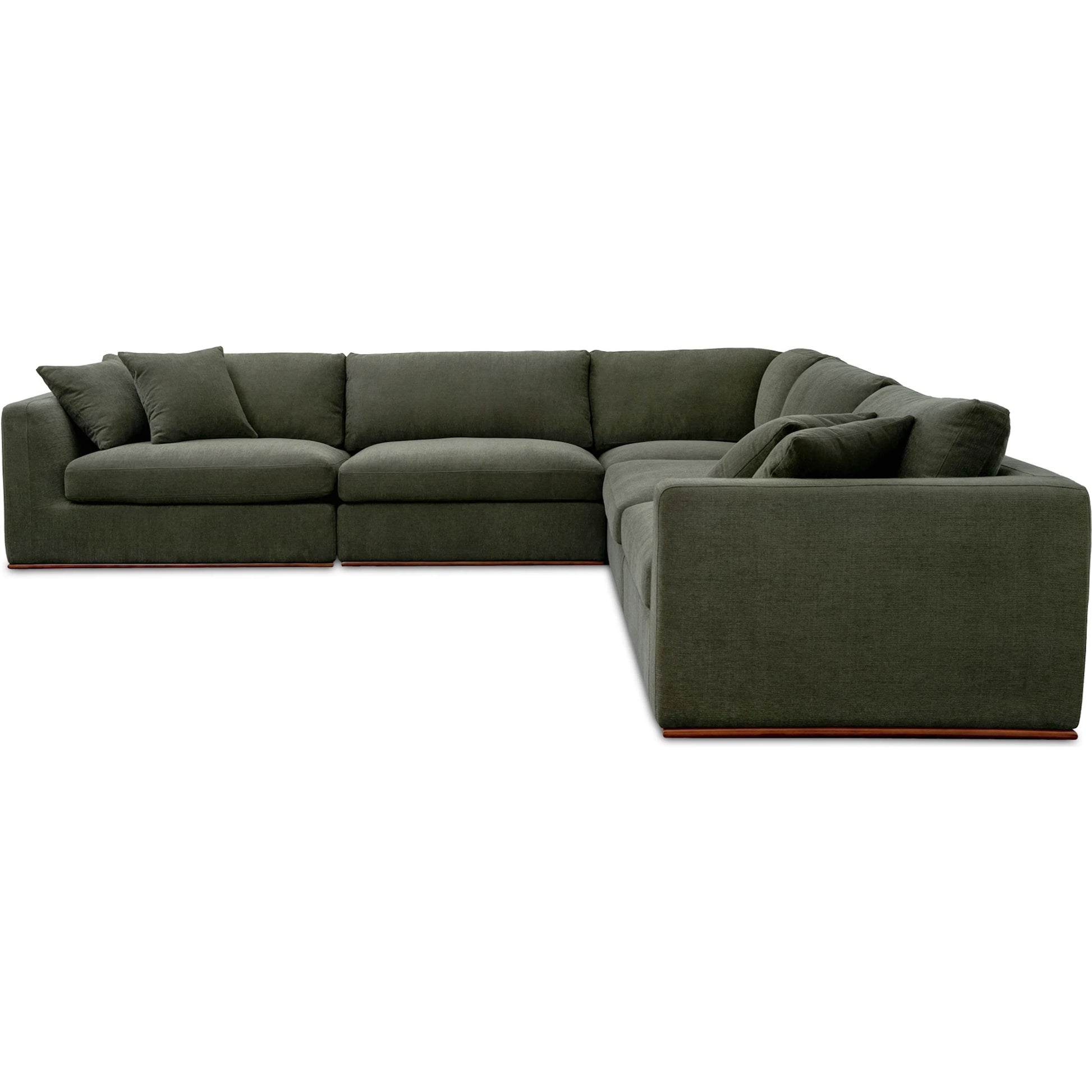 Rue Classic L Modular Sectional by Moe's Home Collection in dark green. Made from upholstery: 100% polyester, 70% feather, 30% fiber fill, solid wood, plywood frame in a transitional style.