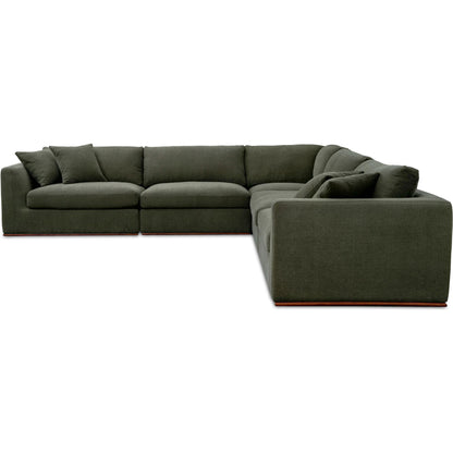 Rue Classic L Modular Sectional by Moe's Home Collection in dark green. Made from upholstery: 100% polyester, 70% feather, 30% fiber fill, solid wood, plywood frame in a transitional style.