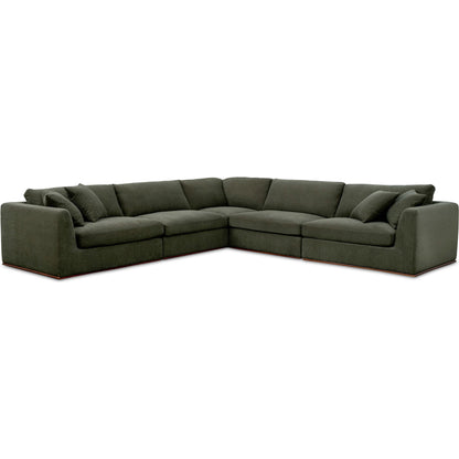 Rue Classic L Modular Sectional by Moe's Home Collection in dark green. Made from upholstery: 100% polyester, 70% feather, 30% fiber fill, solid wood, plywood frame in a transitional style.