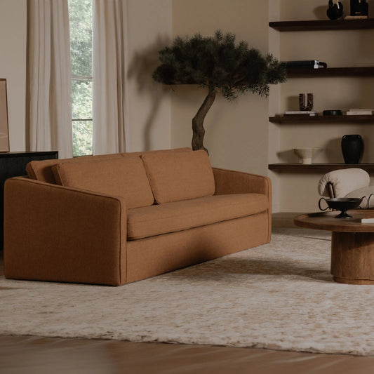 Phoebe Sofa by Moe's Home Collection. Made from 100% polyester, foam core with 70% feather, 30% fibre fill, solid wood, plywood frame, plastic leg in a unique style.