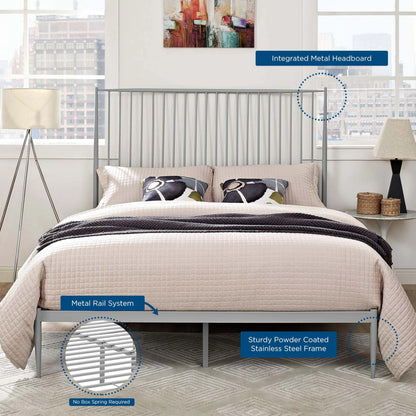 Elizabeth Platform Bed by Evans & Londeen in gray. Made from weight capacity: 1323 lbs, box spring required, powder coated steel frame, headboard, foot board, inner size 1524*2032mm, outer size 1531 *2172mm, 8pcs pp foot plug, 16 s