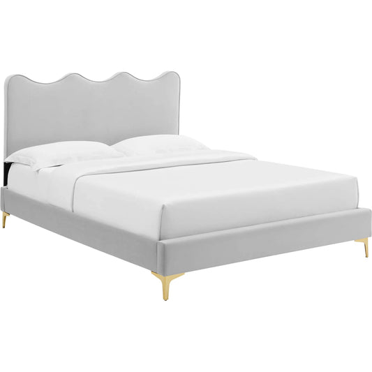Cabarrus Platform Bed by Evans & Londeen. Made from mdf, plywood, laminated veneer lumber, 20kg, m3 density foam, yuhua polyester fabric, poplar slats in a modern style.