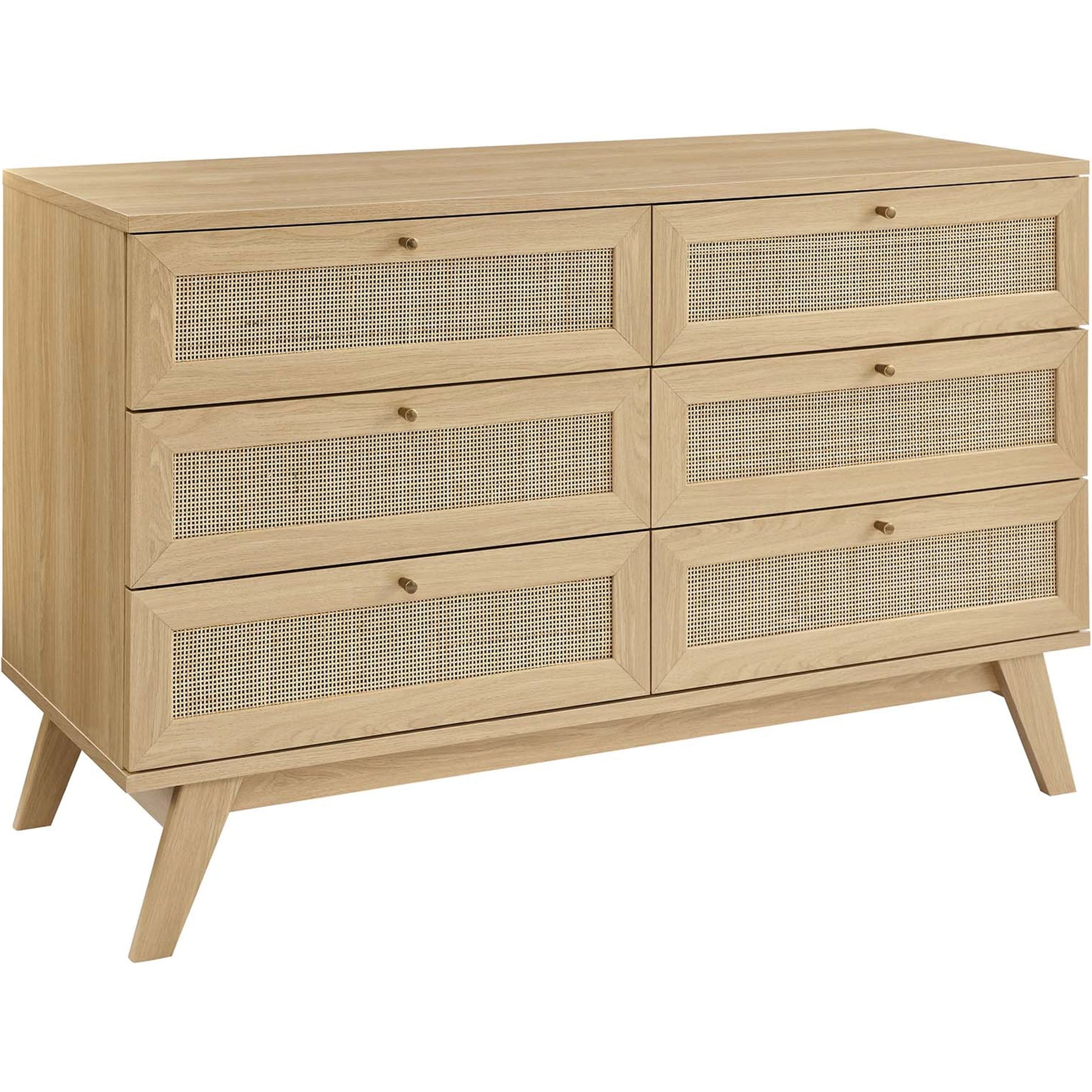 Oldham 6-Drawer Dresser by Evans & Londeen in oak. Made from mdf, particle board, natural rattan, foam pad, brass handle, light oak, toppan walnut in a modern style.