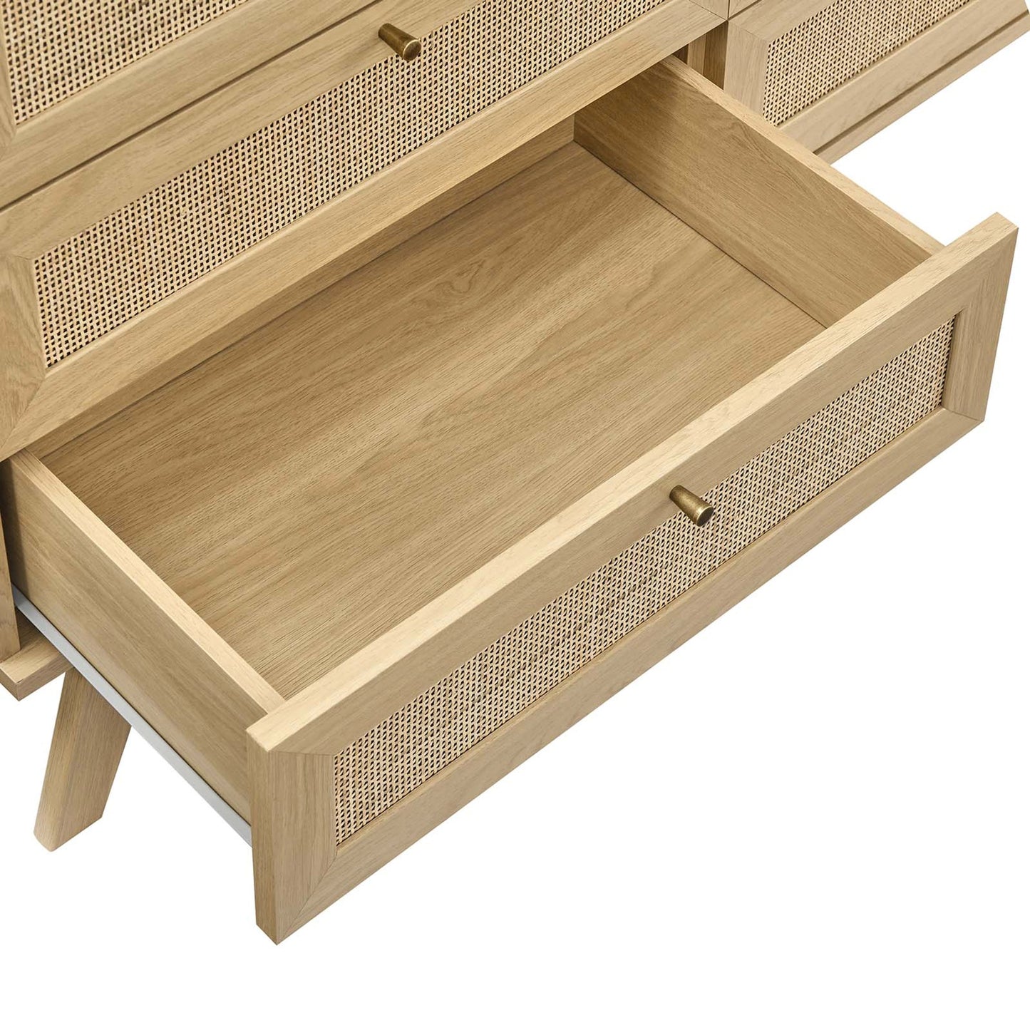 004 SI-2003791 | Closeup | Oldham 6-Drawer Dresser by Evans & Londeen in oak. Made from mdf, particle board, natural rattan, foam pad, brass handle, light oak, toppan walnut in a modern style.