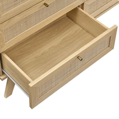Oldham 6-Drawer Dresser by Evans & Londeen in oak. Made from mdf, particle board, natural rattan, foam pad, brass handle, light oak, toppan walnut in a modern style.