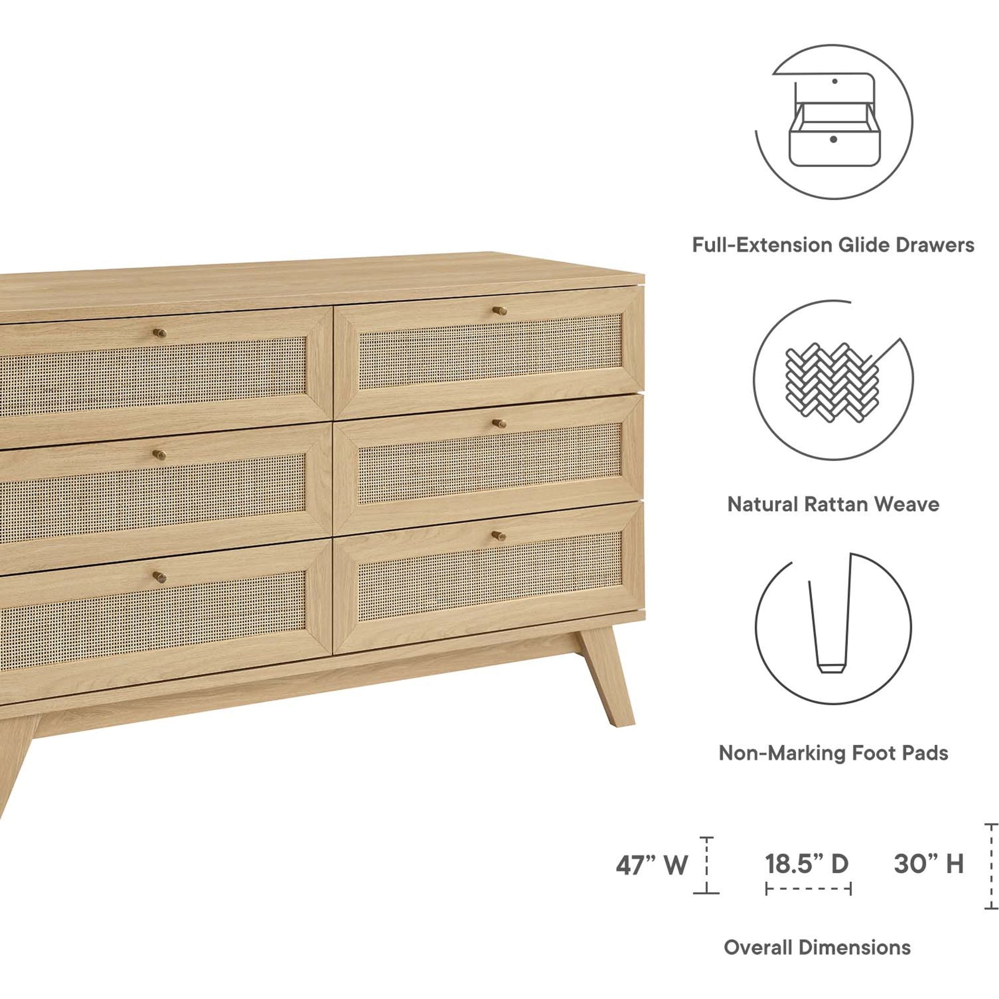 Oldham 6-Drawer Dresser by Evans & Londeen in oak. Made from mdf, particle board, natural rattan, foam pad, brass handle, light oak, toppan walnut in a modern style.