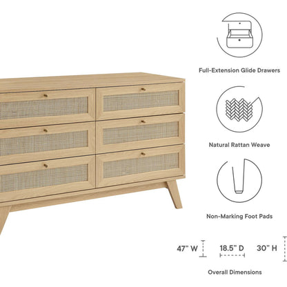 Oldham 6-Drawer Dresser by Evans & Londeen in oak. Made from mdf, particle board, natural rattan, foam pad, brass handle, light oak, toppan walnut in a modern style.