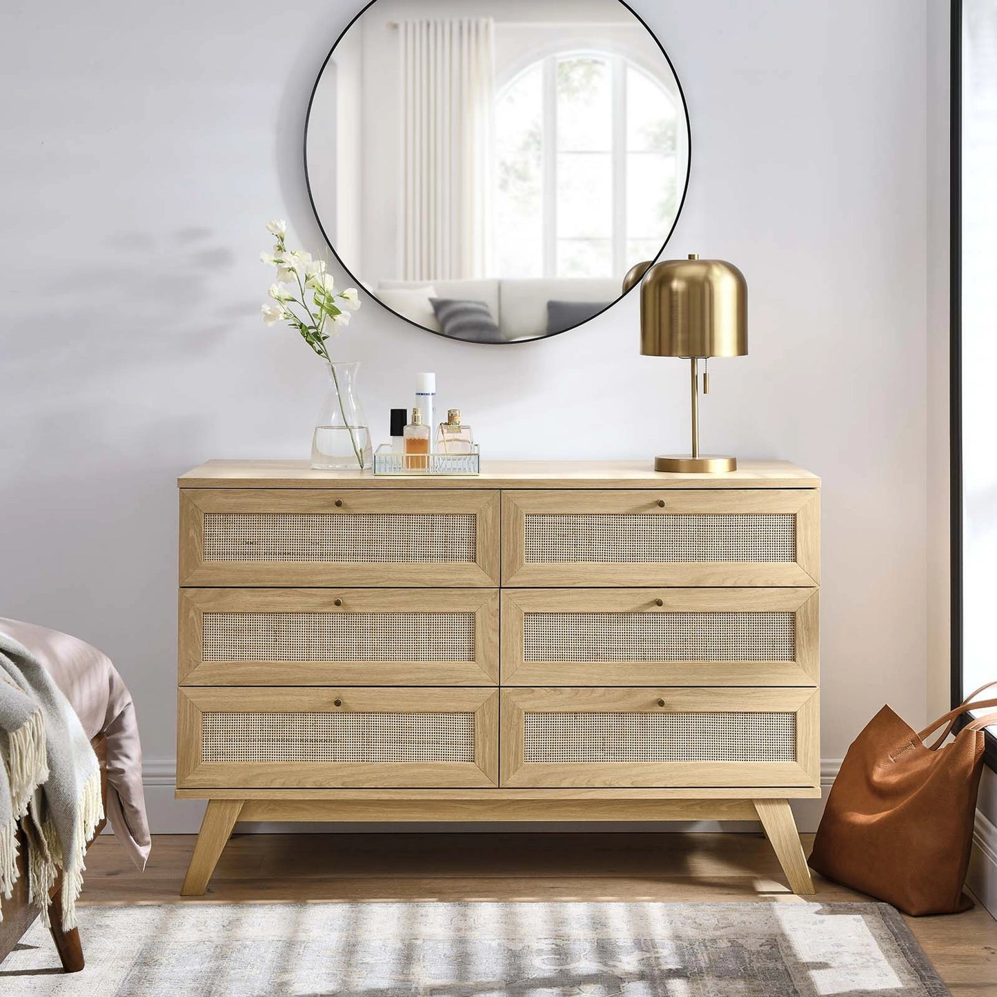 007 SI-2003791 | Lifestyle | Oldham 6-Drawer Dresser by Evans & Londeen in oak. Made from mdf, particle board, natural rattan, foam pad, brass handle, light oak, toppan walnut in a modern style.